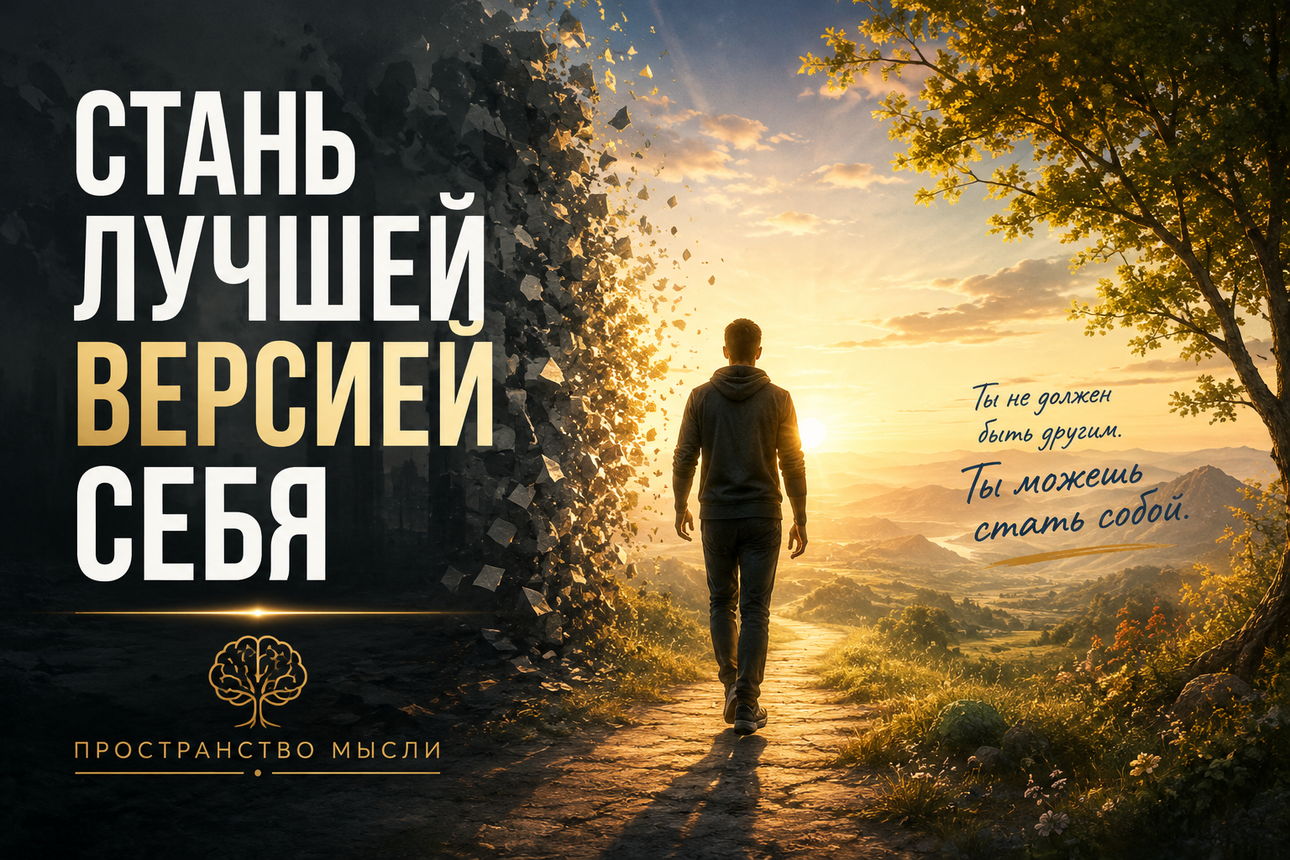 Человек идёт по тропе из тьмы к рассвету сквозь рушащуюся каменную стену. Надпись: «Стань лучшей версией себя. Пространство мысли». Не становись другим — становись собой.
